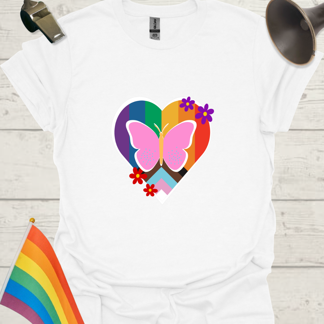 LGBTQ Pride Butterfly, Flowers Progress Flag Colors Heart T-Shirt
