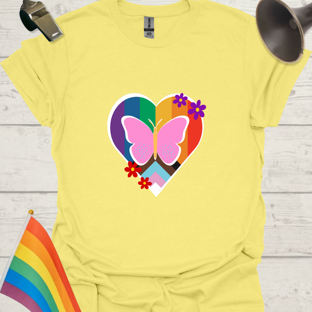 LGBTQ Pride Butterfly, Flowers Progress Flag Colors Heart T-Shirt