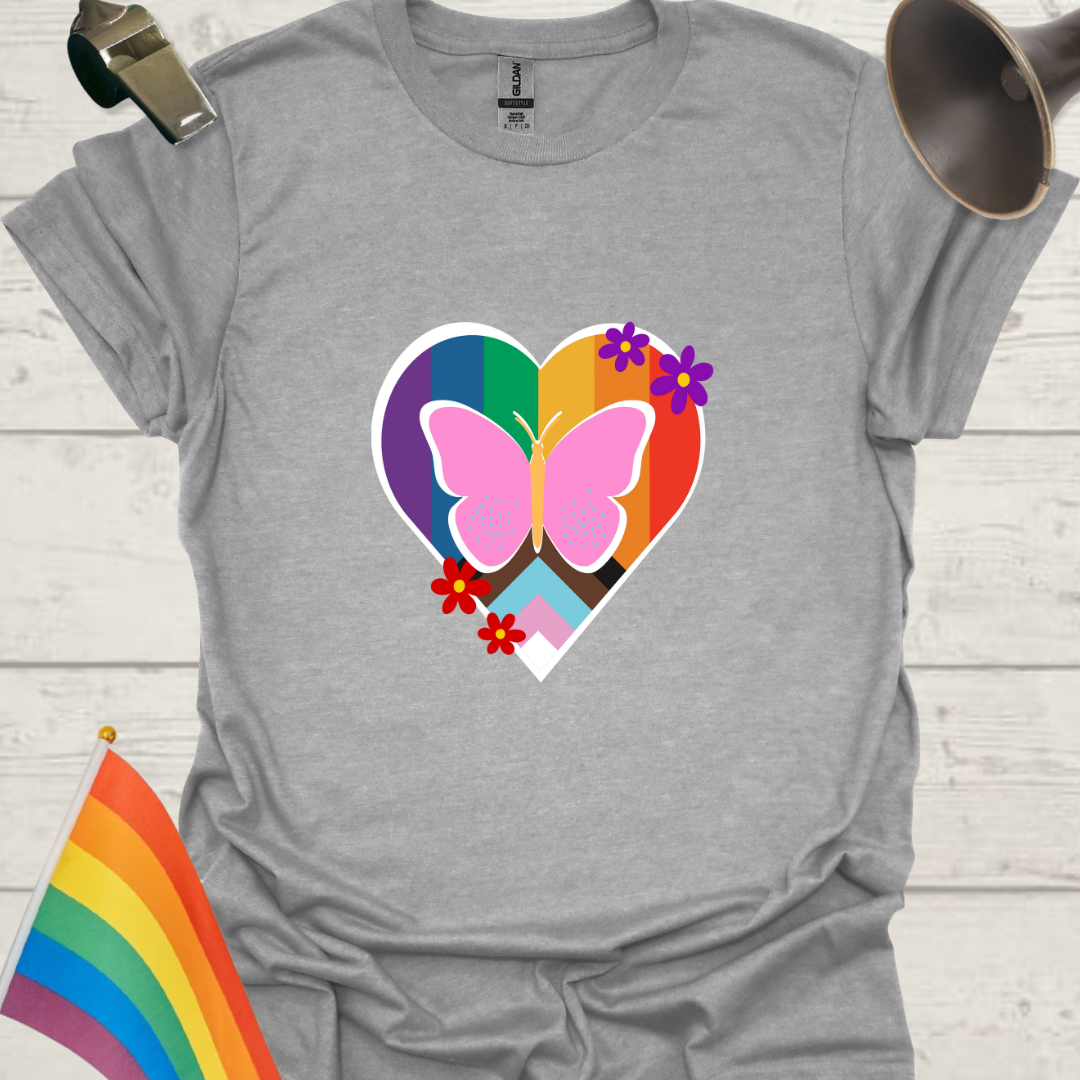 LGBTQ Pride Butterfly, Flowers Progress Flag Colors Heart T-Shirt