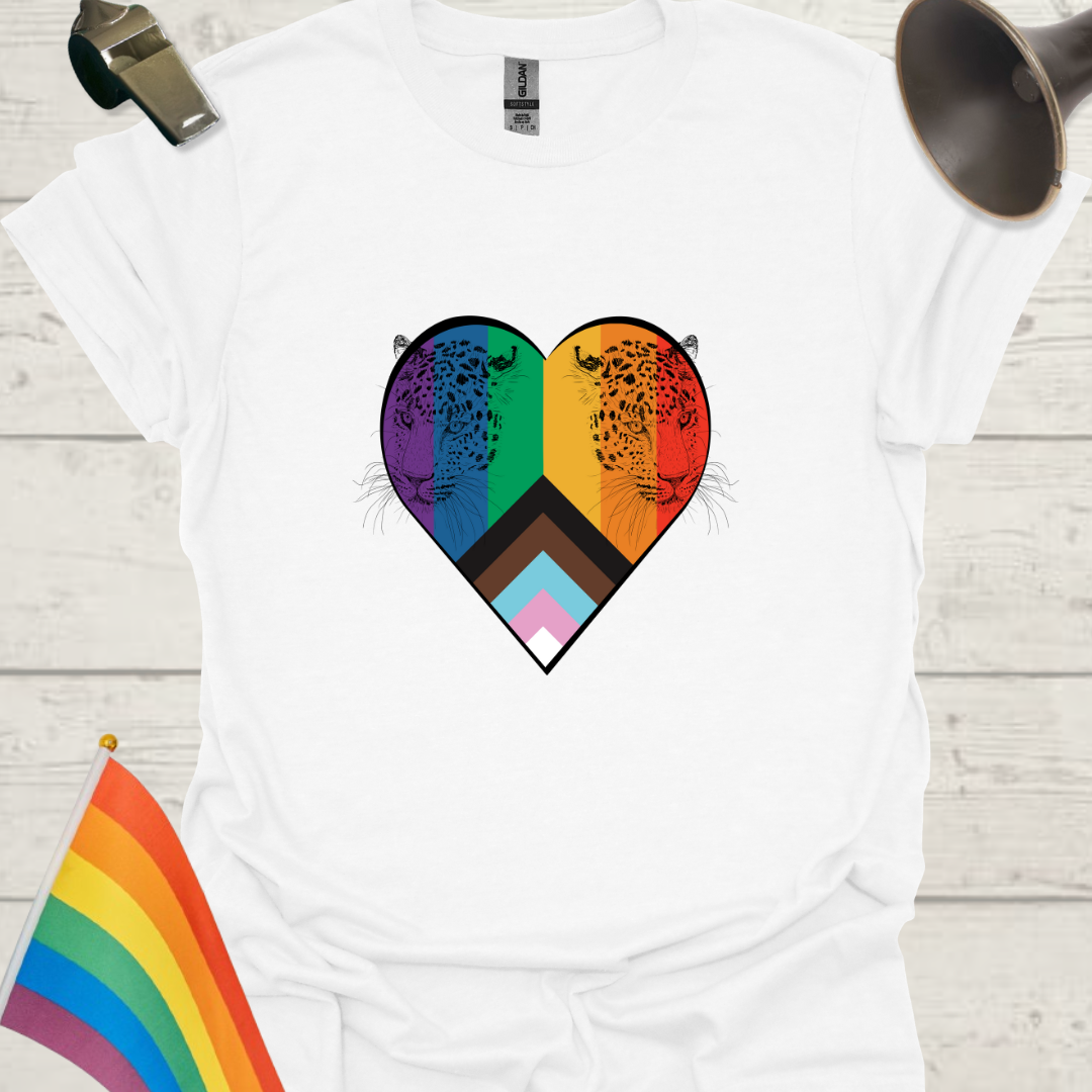 LGBTQ Pride Leopard Heads Progress Flag Colors Heart T-Shirt