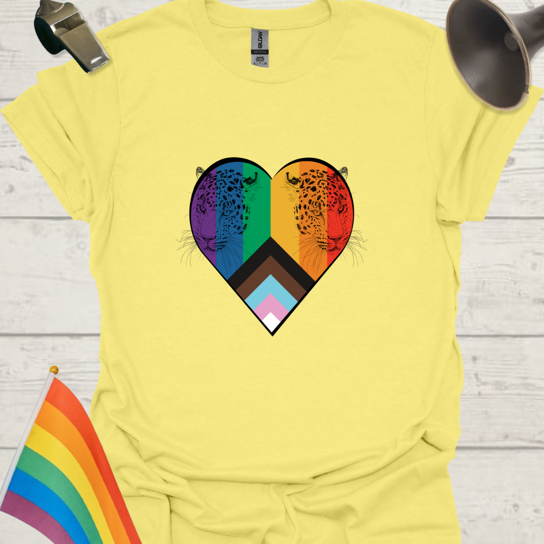 LGBTQ Pride Leopard Heads Progress Flag Colors Heart T-Shirt