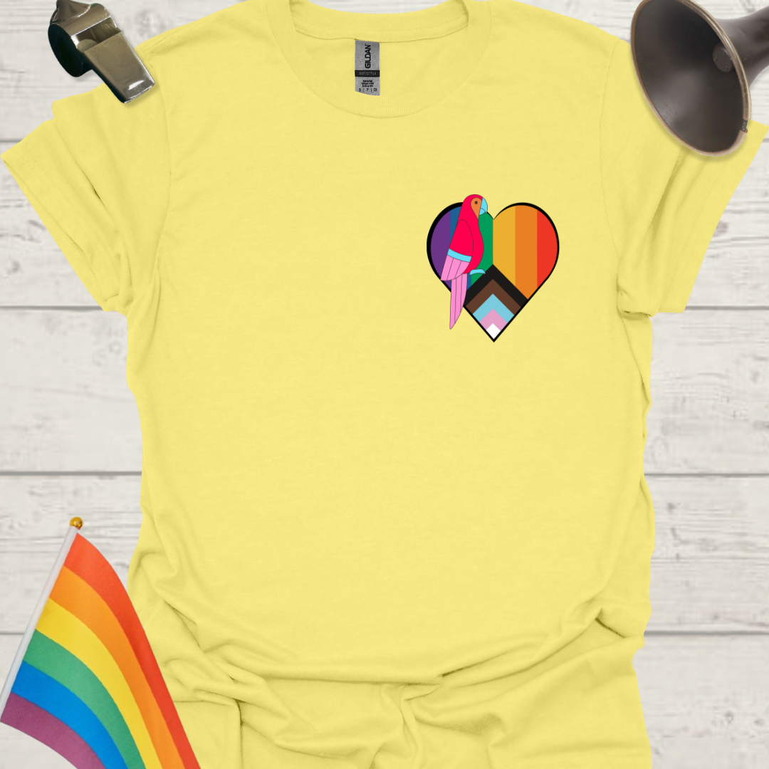 LGBTQ Pride Parrot, Progress Flag Colors Heart  T-Shirt