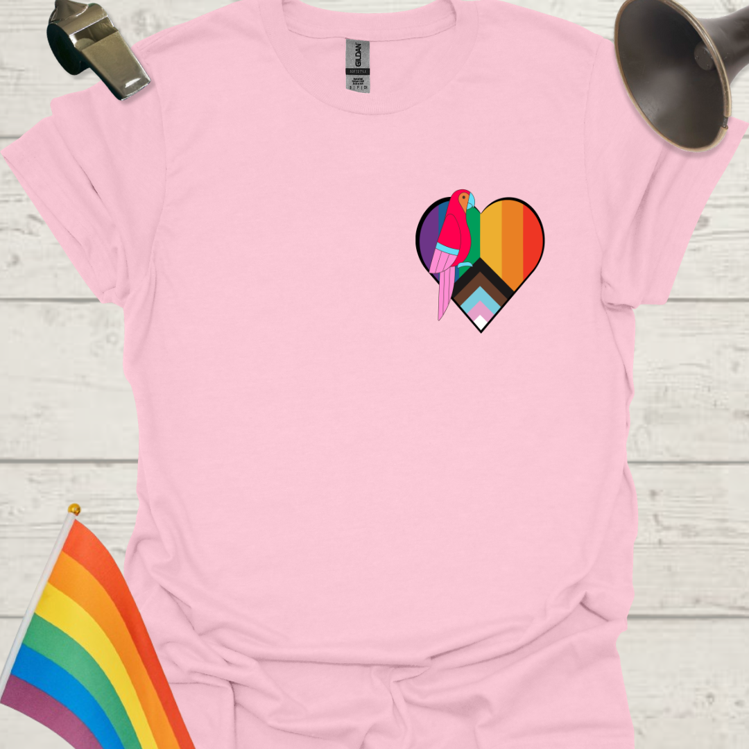 LGBTQ Pride Parrot, Progress Flag Colors Heart  T-Shirt