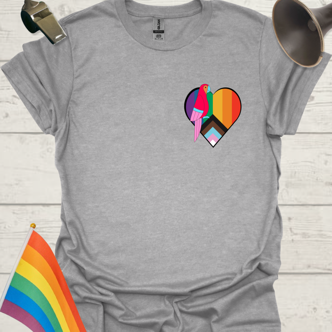 LGBTQ Pride Parrot, Progress Flag Colors Heart  T-Shirt