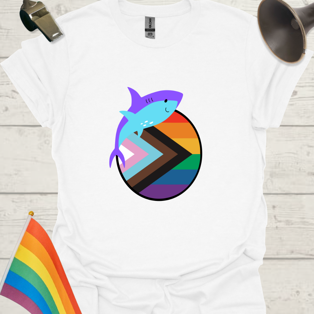 LGBTQ Pride Progress Flag colors, Sphere and Cute Shark T-Shirt