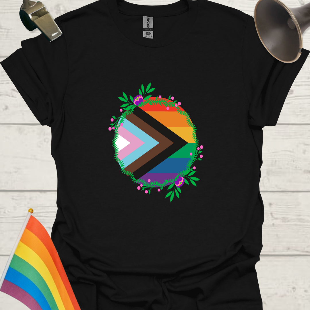 LGBTQ Pride Progress Flag colors, circle and flowers T-Shirt