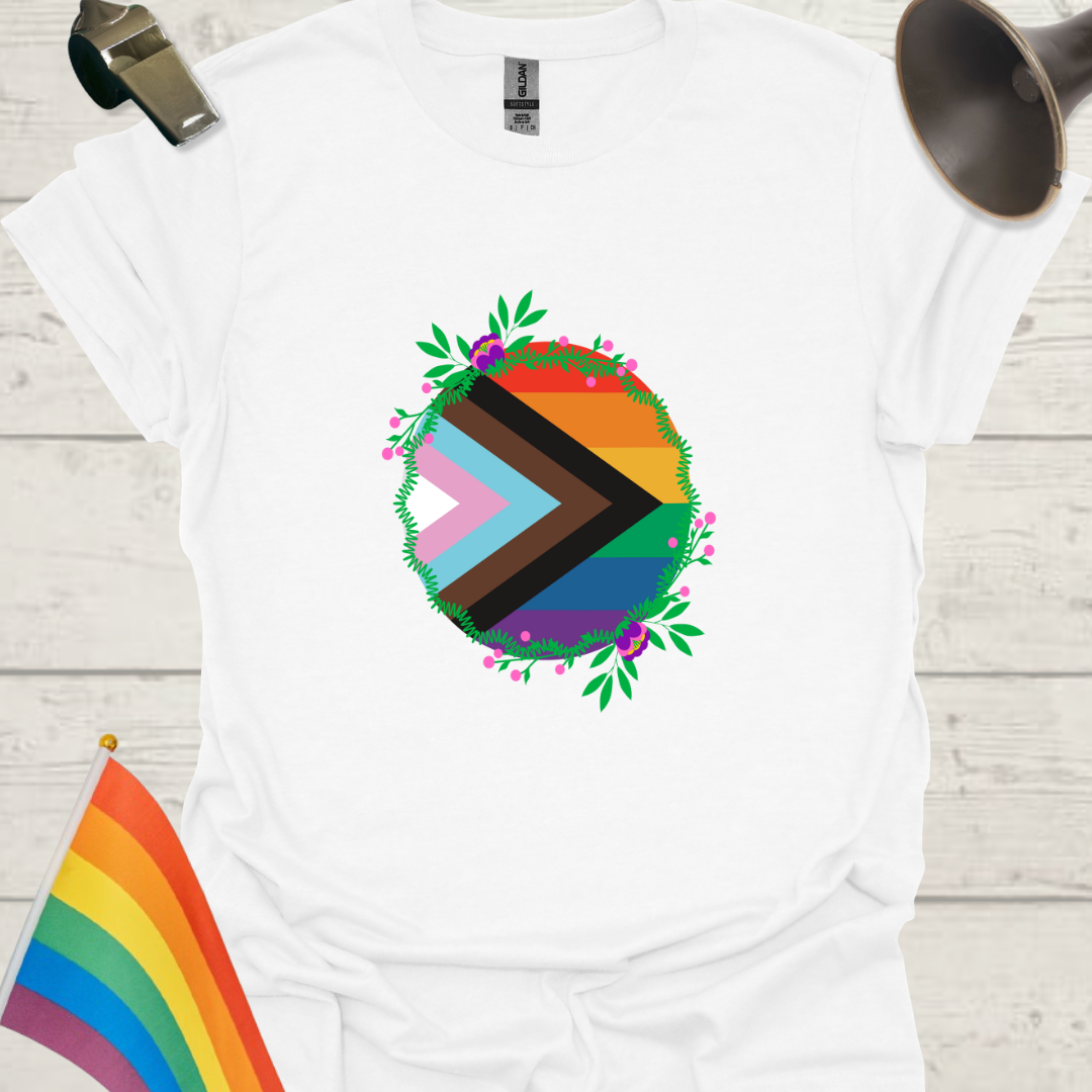 LGBTQ Pride Progress Flag colors, circle and flowers T-Shirt