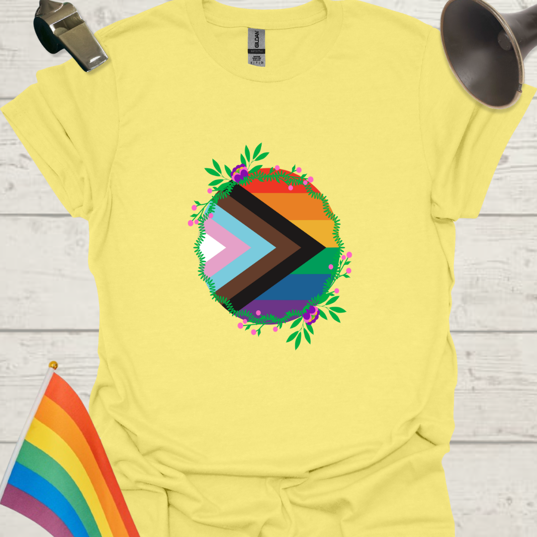 LGBTQ Pride Progress Flag colors, circle and flowers T-Shirt