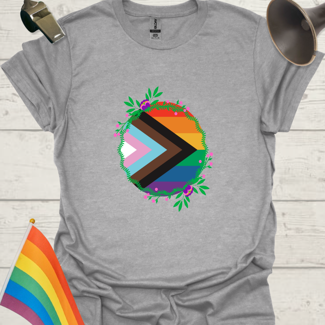 LGBTQ Pride Progress Flag colors, circle and flowers T-Shirt