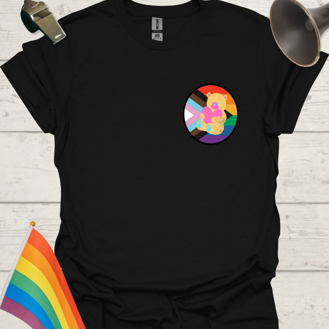 LGBTQ Pride Progress Flag colors, sphere, cute bear and heart  T-Shirt