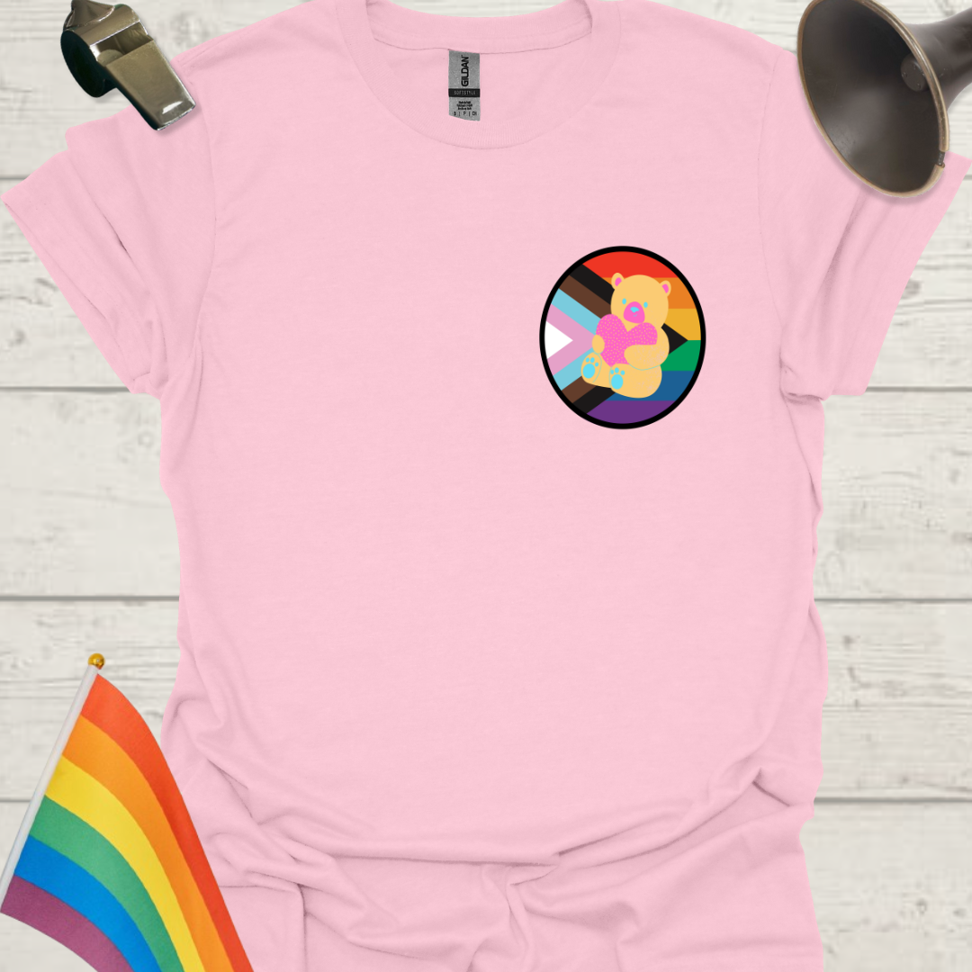 LGBTQ Pride Progress Flag colors, sphere, cute bear and heart  T-Shirt