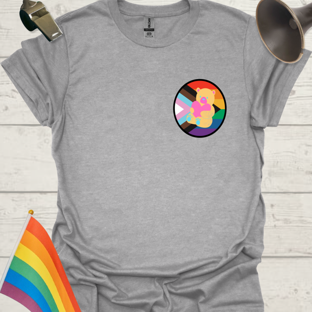 LGBTQ Pride Progress Flag colors, sphere, cute bear and heart  T-Shirt