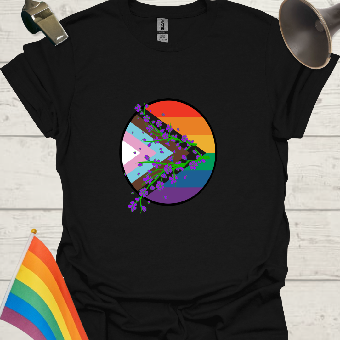 LGBTQ Pride Progress Flag colors, sphere and wild flowers T-Shirt