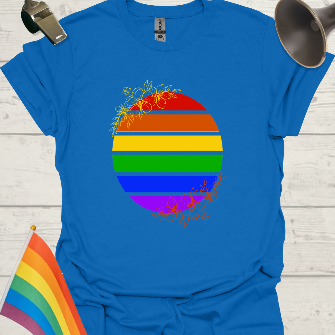 LGBTQ Pride Rainbow Stripes in a Sphere with Flowers T-Shirt