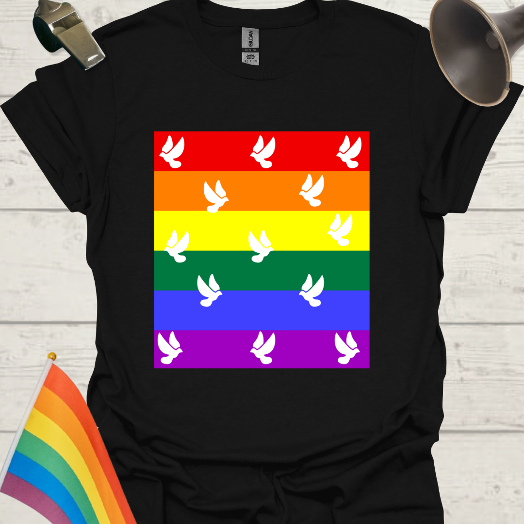 Unisex Pride T-Shirt - LGBT Pride Flag White Doves Pattern Design