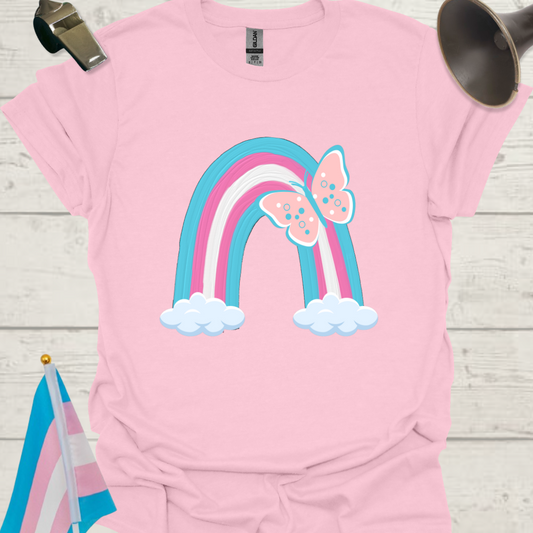 Transgender Pride Flag colors, Beautiful Butterfly, Rainbow and Clouds T-Shirt
