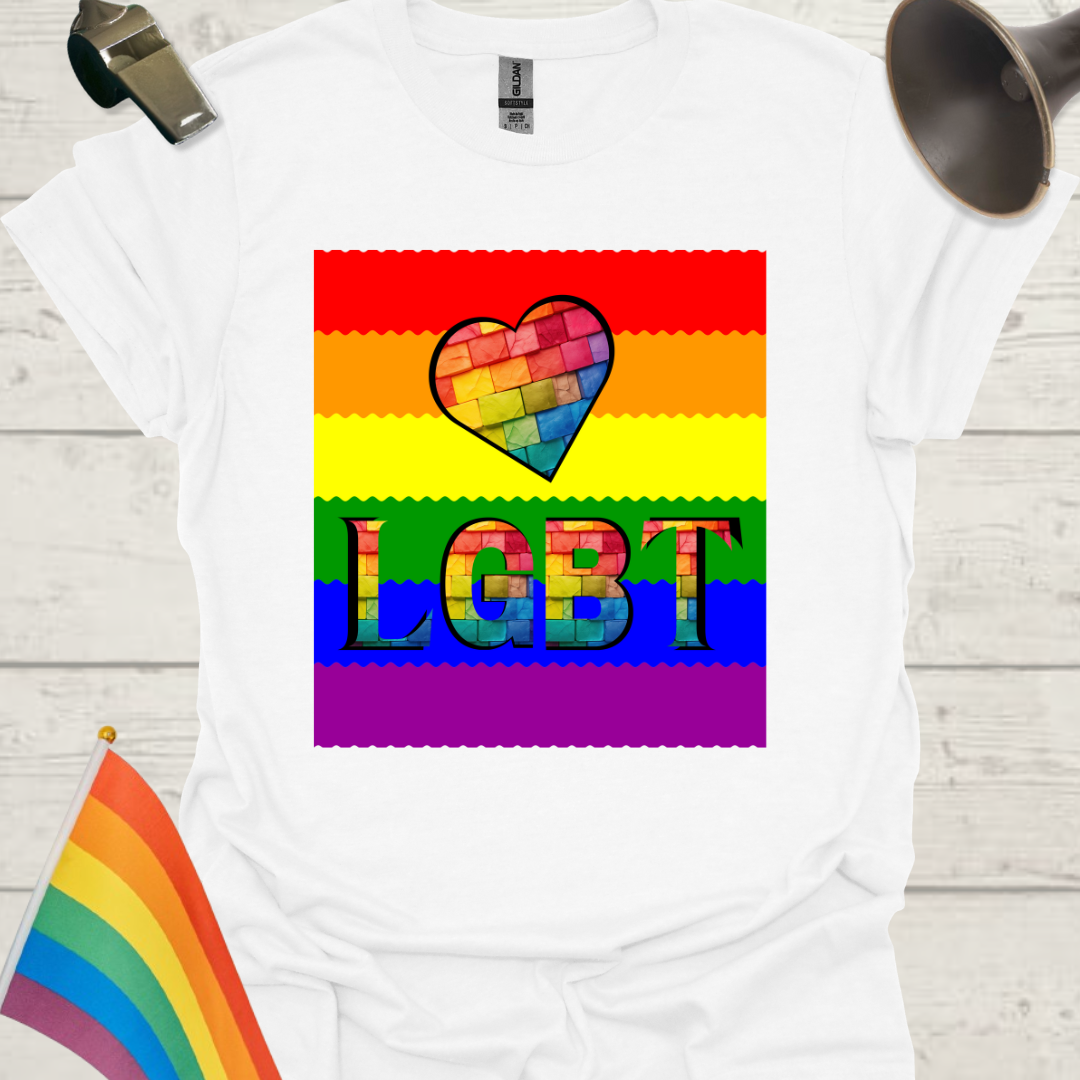 Unisex Pride T-Shirt - LGBT Pride Flag Ripples, Heart Bricks Design