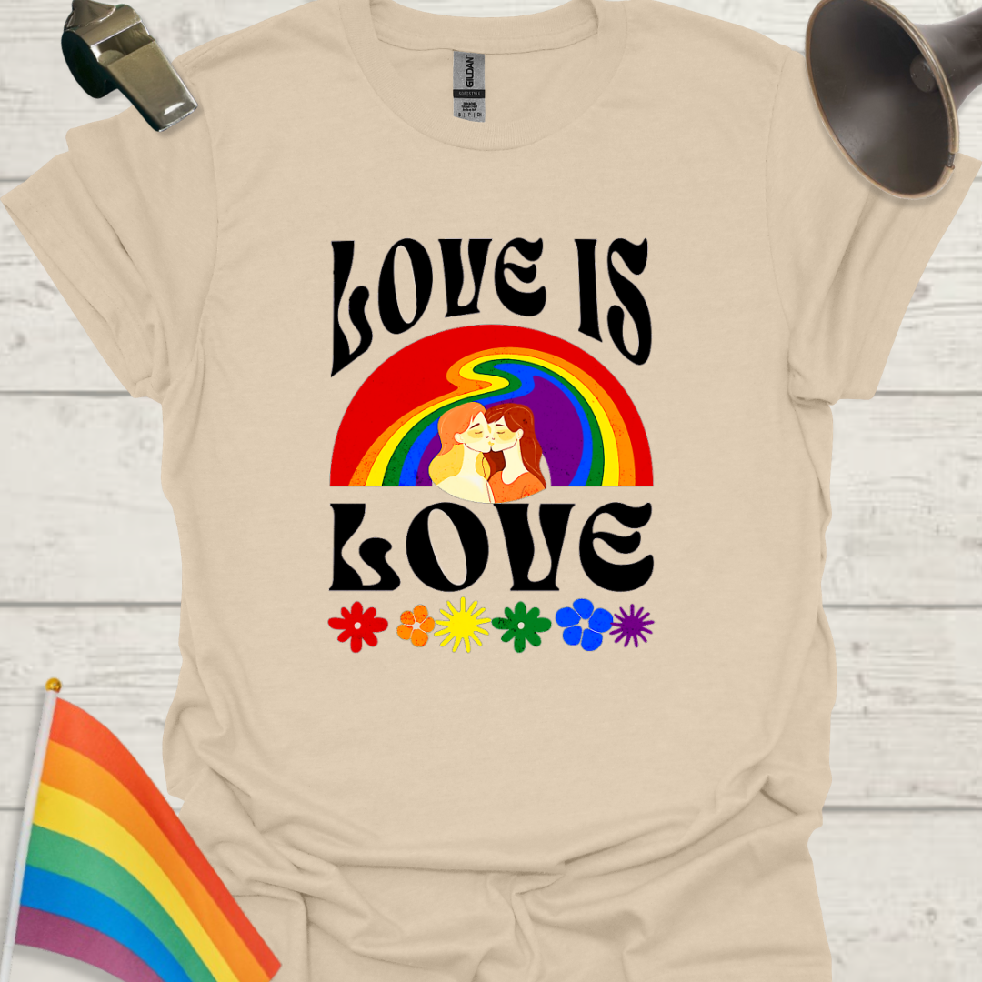 LGBT T-Shirt - Love is Love - melted Rainbow, Lesbian couple kiss