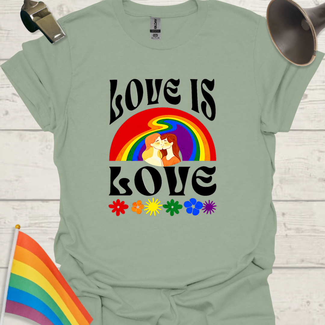 LGBT T-Shirt - Love is Love - melted Rainbow, Lesbian couple kiss