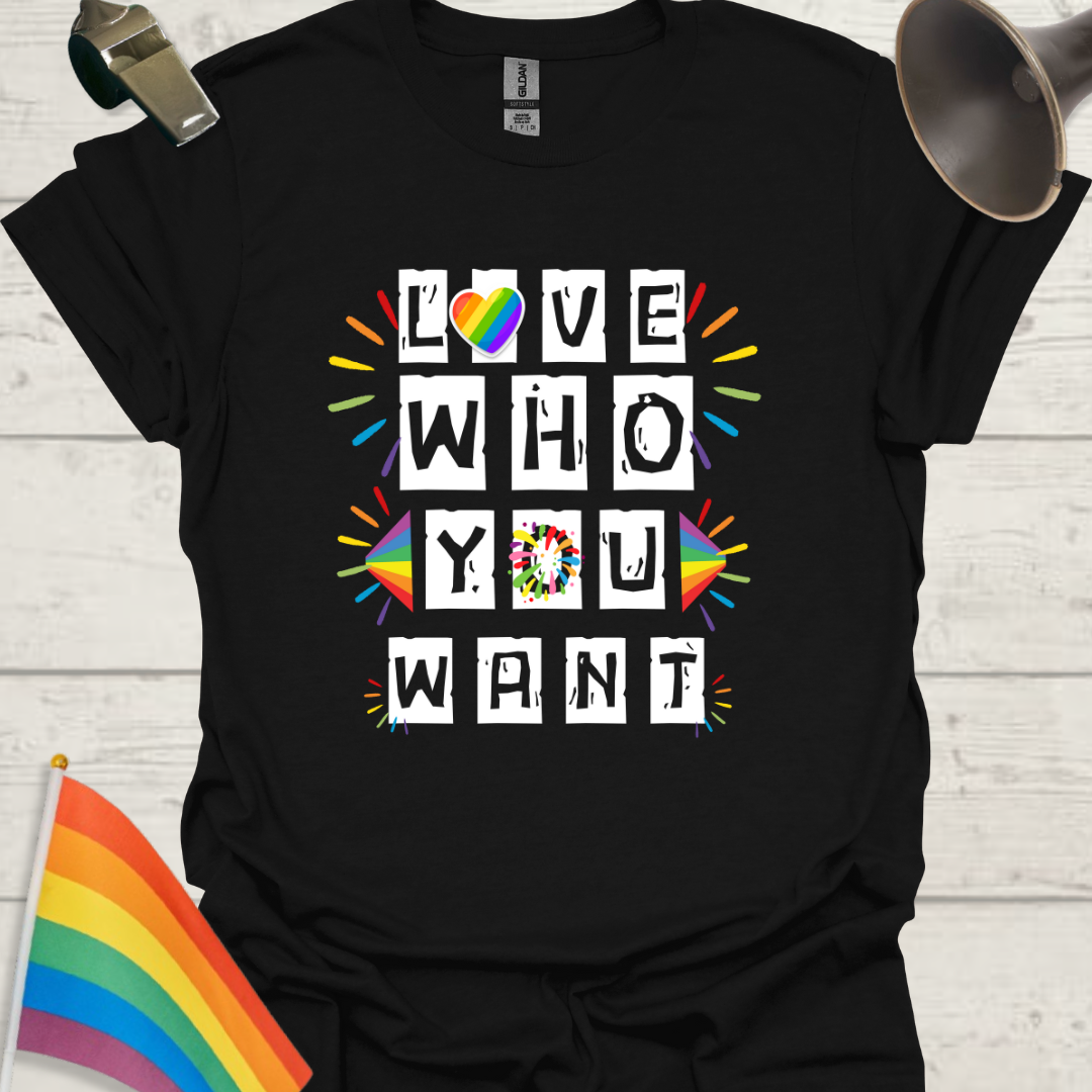 LGBT T-Shirt - Love Who You Want, Rainbow Heart