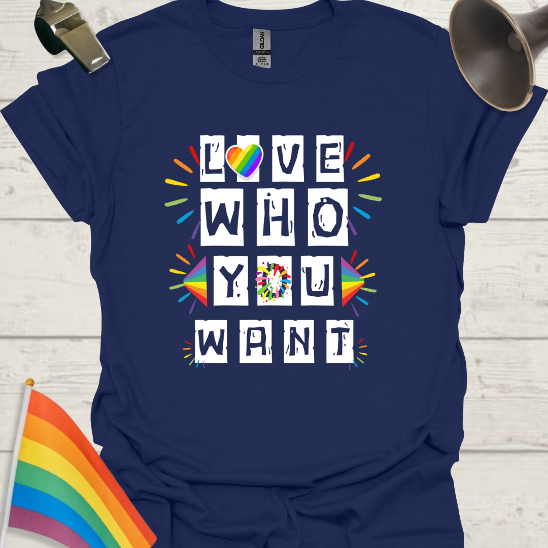 LGBT T-Shirt - Love Who You Want, Rainbow Heart