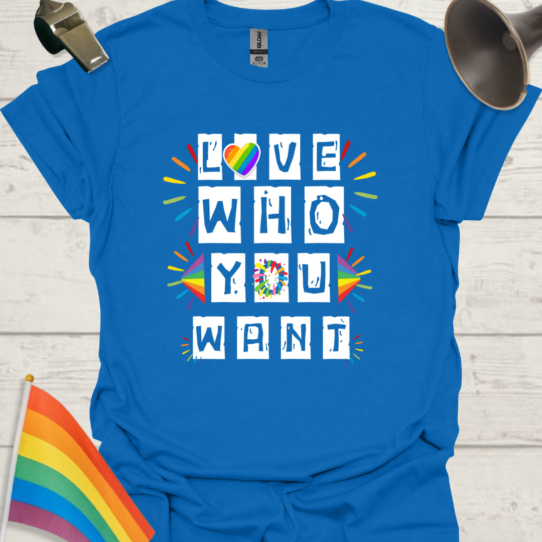 LGBT T-Shirt - Love Who You Want, Rainbow Heart