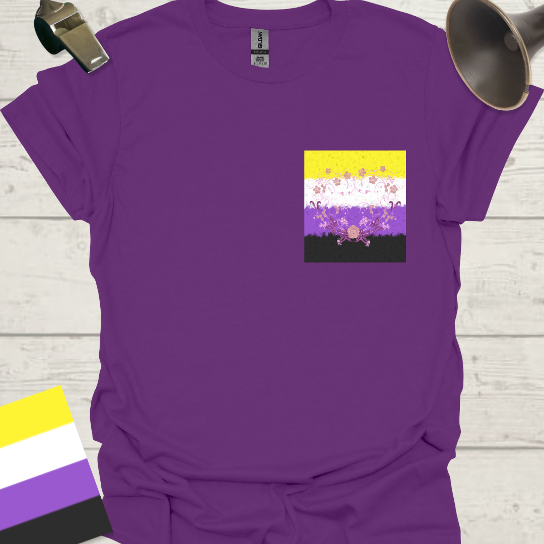 Unisex T-Shirt Glitter Heart Flowers, Purple Butterflies Non-Binary Cubism Flag Design