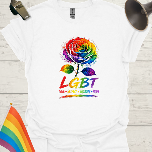White t-shirt with rainbow rose design and 'LGBT' text on a wooden surface.