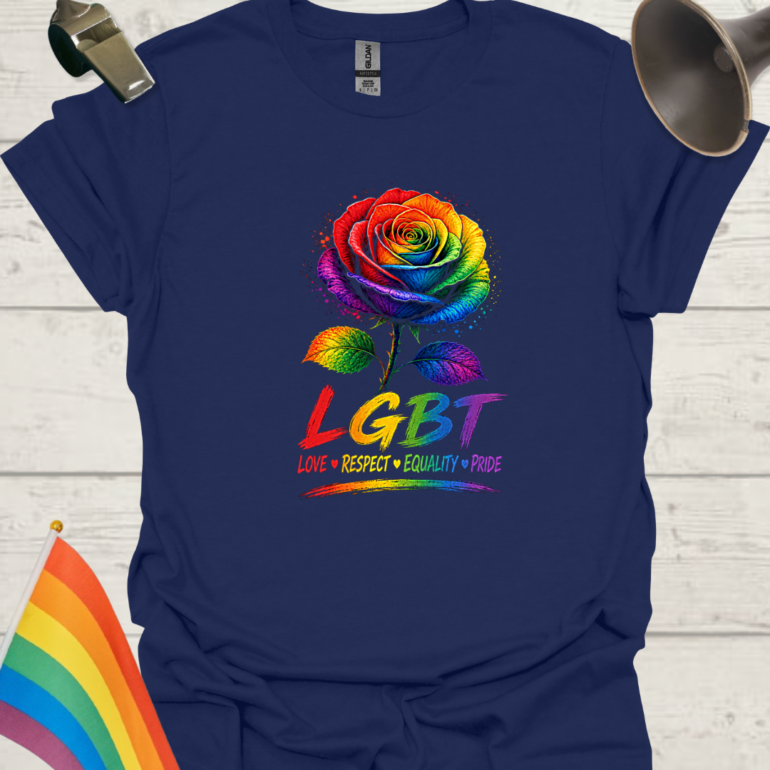 Pride Rose T-Shirt — Rainbow Flag Love, Respect & Equality