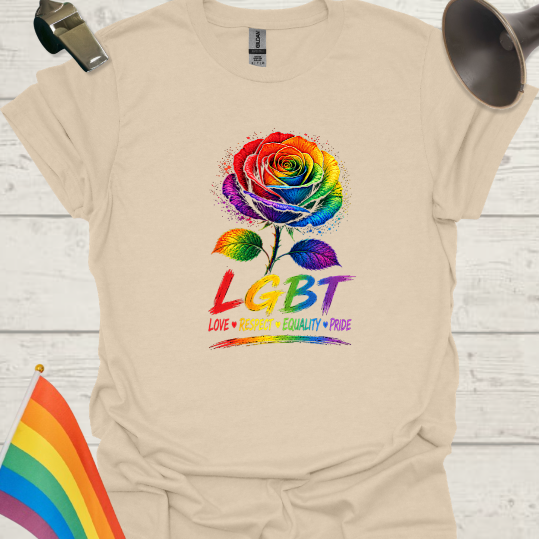 Pride Rose T-Shirt — Rainbow Flag Love, Respect & Equality