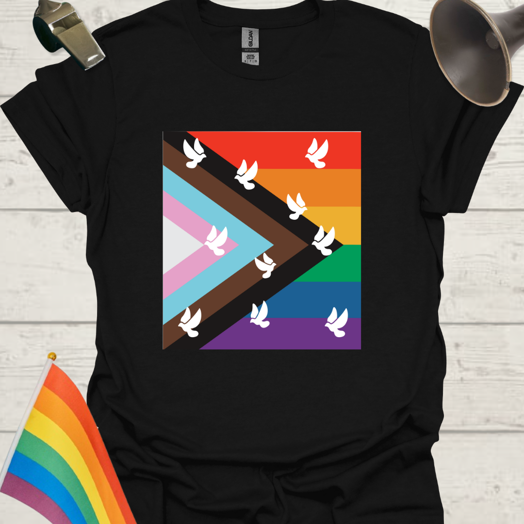 Progress Pride Flag T-Shirt with Doves Pattern