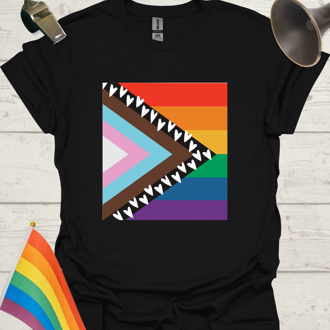 Progress Pride Flag T-Shirt with Hearts Pattern