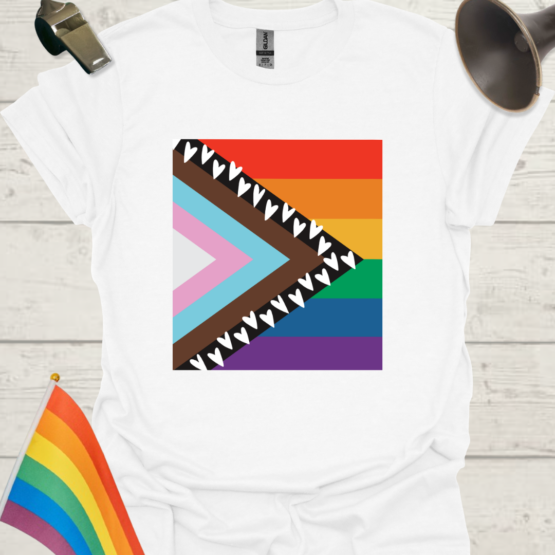 Progress Pride Flag T-Shirt with Hearts Pattern
