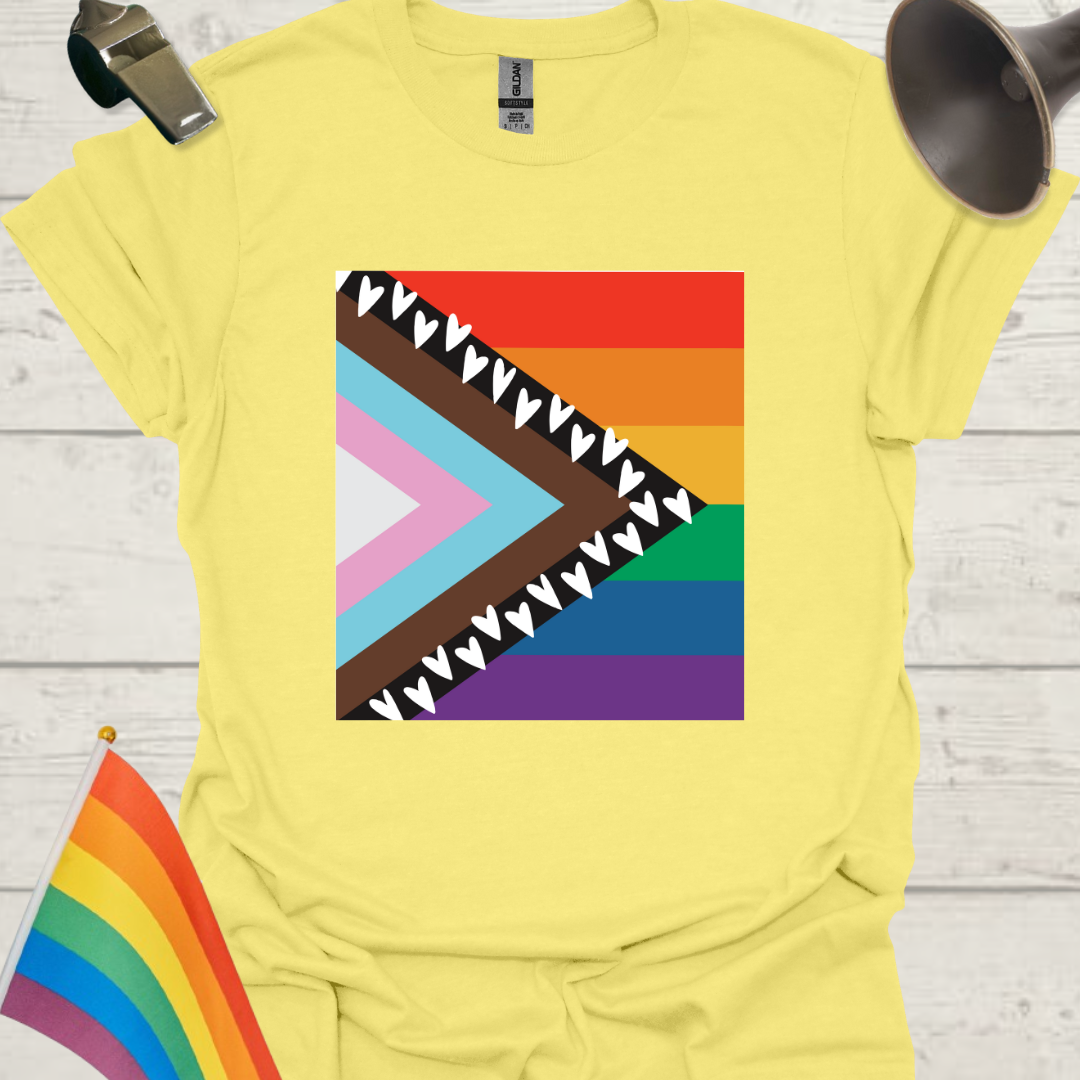 Progress Pride Flag T-Shirt with Hearts Pattern