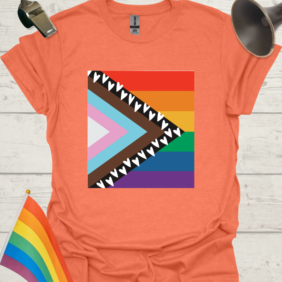 Progress Pride Flag T-Shirt with Hearts Pattern