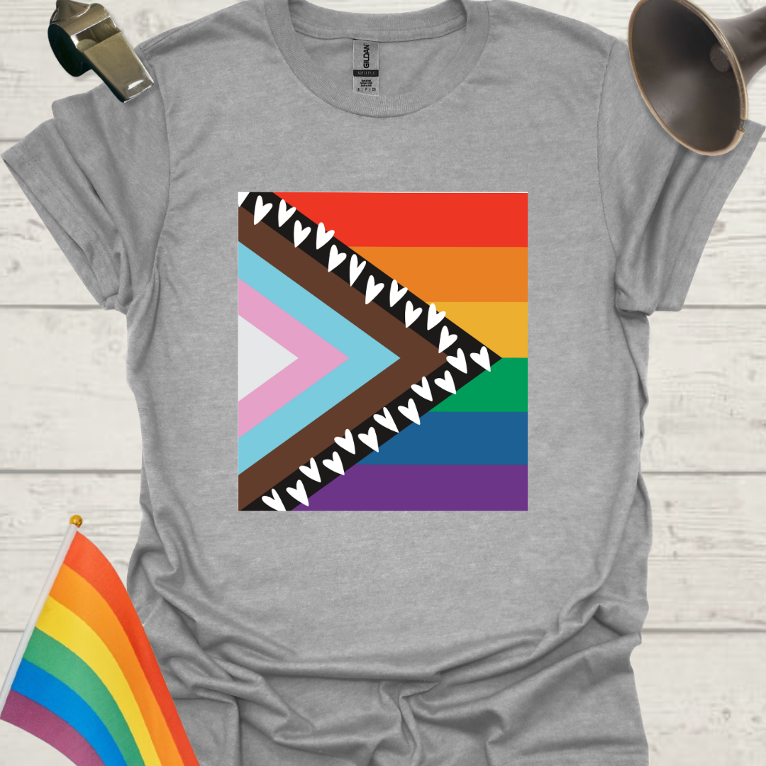 Progress Pride Flag T-Shirt with Hearts Pattern
