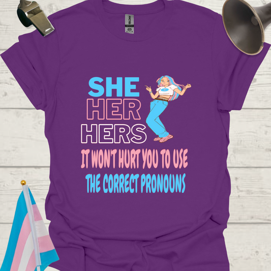 Unisex LGBT She Her Hers It Won't Hurt You to Use pronouns, Correct Pronouns, Anime girl, Transgender flag colors T-Shirt