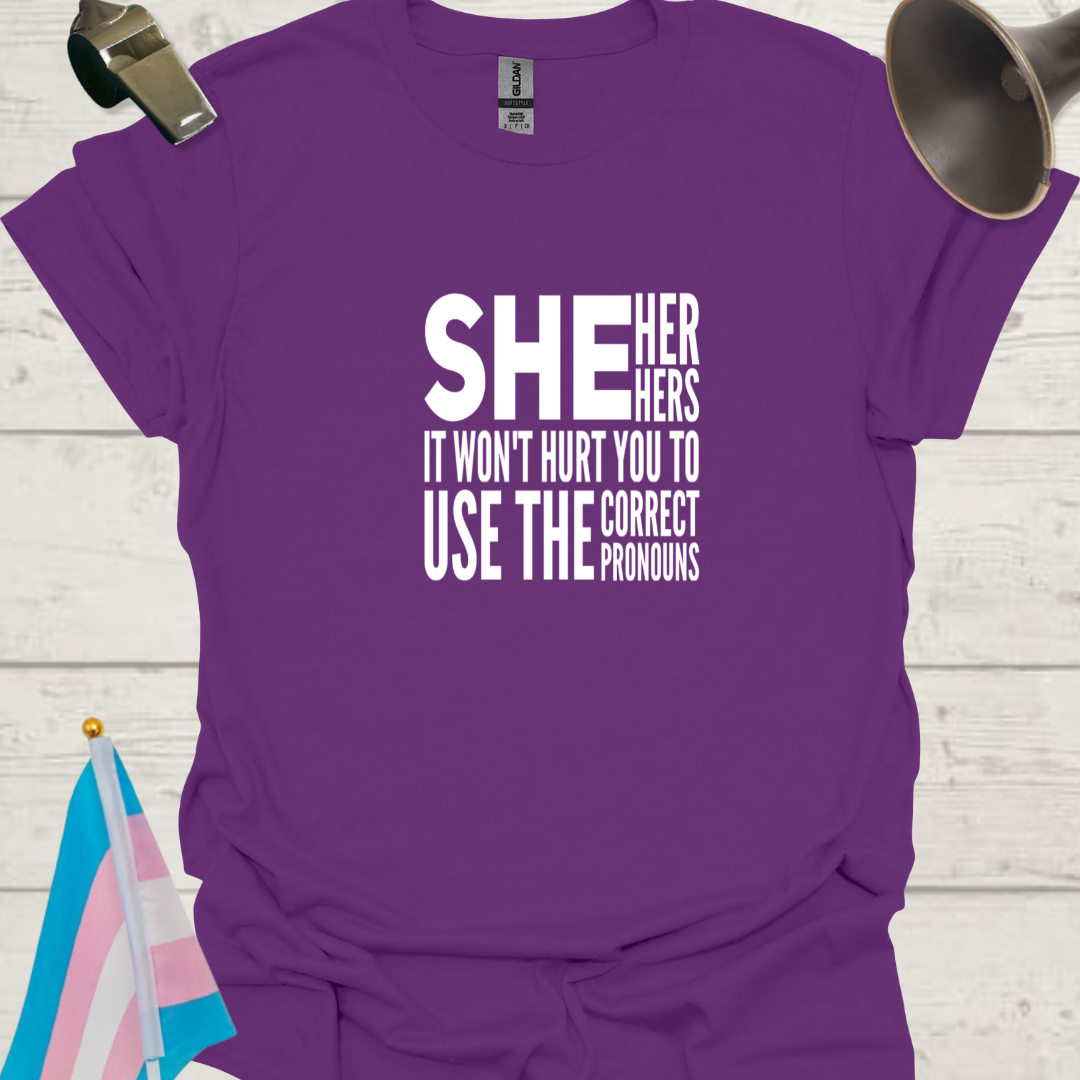 Unisex LGBT She Her Hers It Won't Hurt You to Use the Correct Pronouns T-Shirt - White