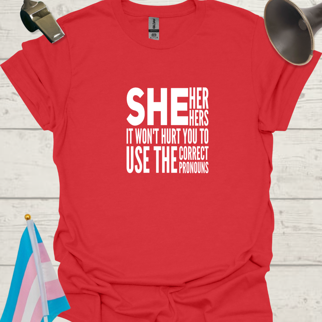 Unisex LGBT She Her Hers It Won't Hurt You to Use the Correct Pronouns T-Shirt - White