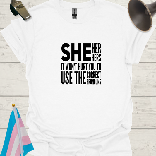 Unisex LGBT She Her Hers It Won't Hurt You to Use the Correct Pronouns T-Shirt