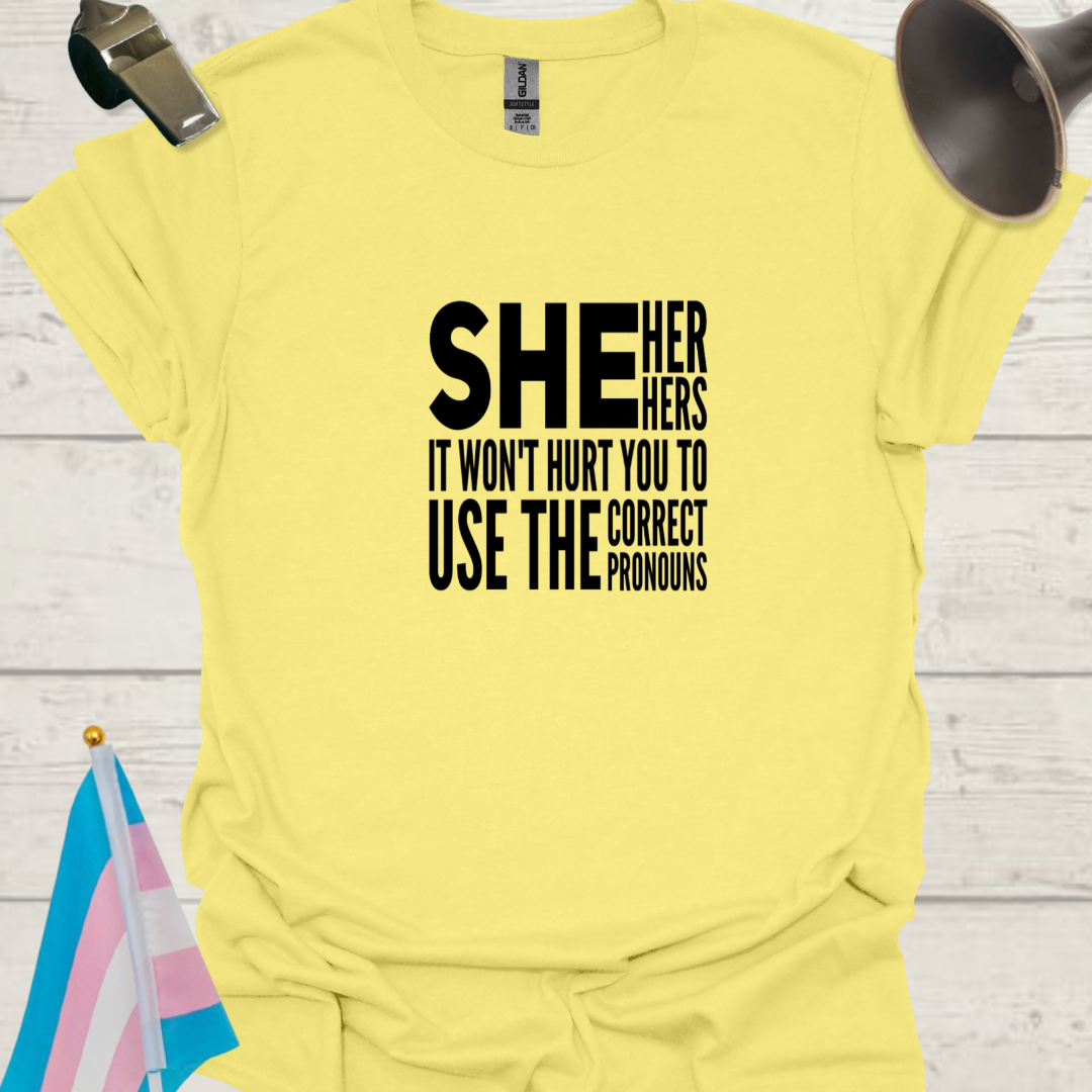 Unisex LGBT She Her Hers It Won't Hurt You to Use the Correct Pronouns T-Shirt