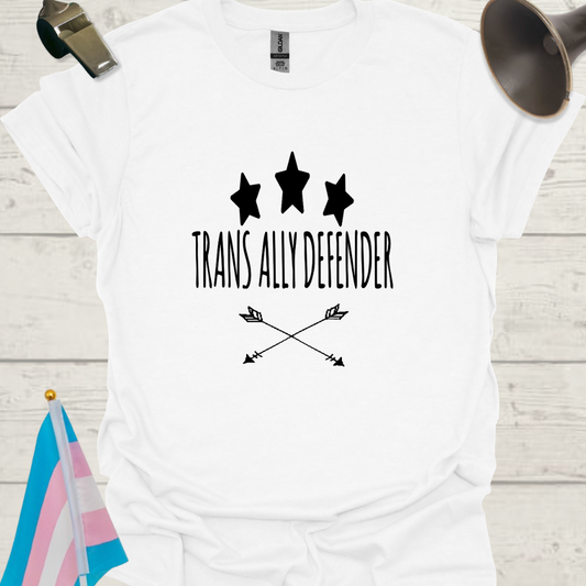 White t-shirt with 'Trans Ally Defender' text on a wooden surface