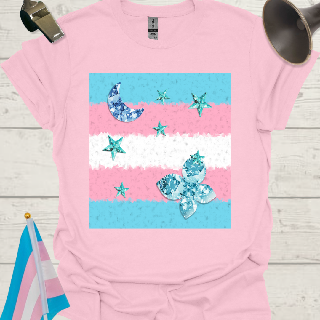 Transgender Pride T-Shirt, Cubism Blue Gem Moon, Stars, Butterfly Unisex Softstyle
